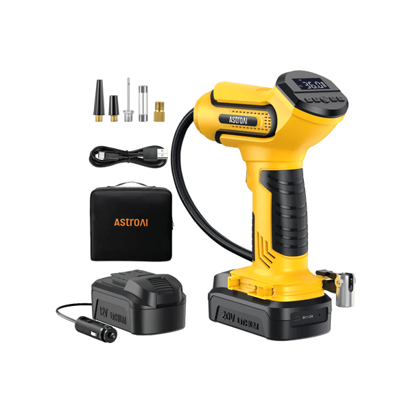 AstroAI Battery Powered Tire Inflator with 20V Rechargeable Battery & 12V Car Power Adapter for Motorcycles, 150PSI, (C1) Light Yellow