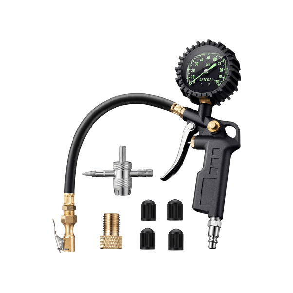 AstroAI 100 PSI Tire Inflator with Pressure Gauge, 100 PSI-ANSI B40.1 Accurate, Large 2.5" Easy Read Glow Dial and Compressor Accessories