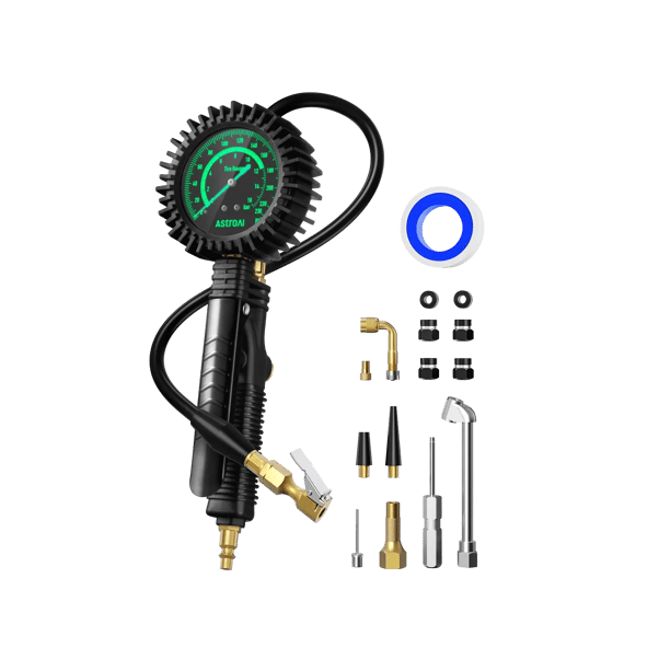 AstroAI 2024 Upgraded Tire Pressure Gauge with Inflator, 230PSI - ANSI B40.1 Accurate, Large 2.6" Easy Read Glow Dial, Extra Long Rubber Hose with 360° Air Chuck
