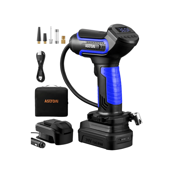AstroAI 150 PSI Battery Operated Air Compressor with 20V Rechargeable Li-ion Battery & 12V Car Power Adapter for Cars, Motorcycles, Blue