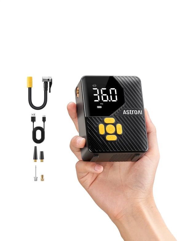 AstroAI L7 Mini Tire Inflator Portable Air Compressor,150 PSI Cordless Car Tires Air Pump with LED Lights&Pressure Gauge,Auto Shut-Off - Tire Pump for Auto,Motorcycle, Bicycle, Ball Yellow