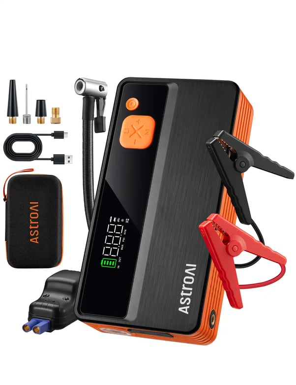 AstroAI M12-F Portable Jump Starter with Air Compressor, 5000A Car Battery Booster Pack & 150PSI Car Battery Jump Starter (All Gas & 10.0 L Diesel) with tire inflator, Intuitive LED Screen