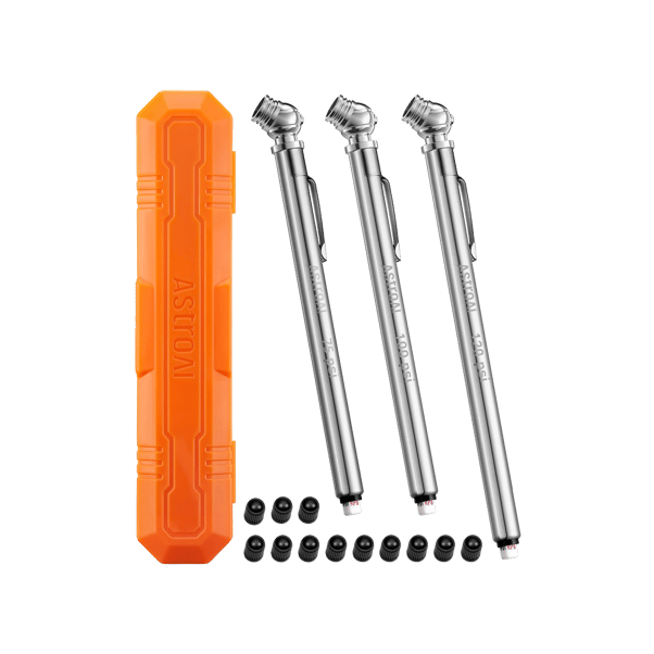 AstroAI Pencil Tire Pressure Gauge (10-75PSI,120PSI ±2% Span), Valve Caps with Case, Stainless Steel Body, and Metal Made Nozzle 3 Measurements