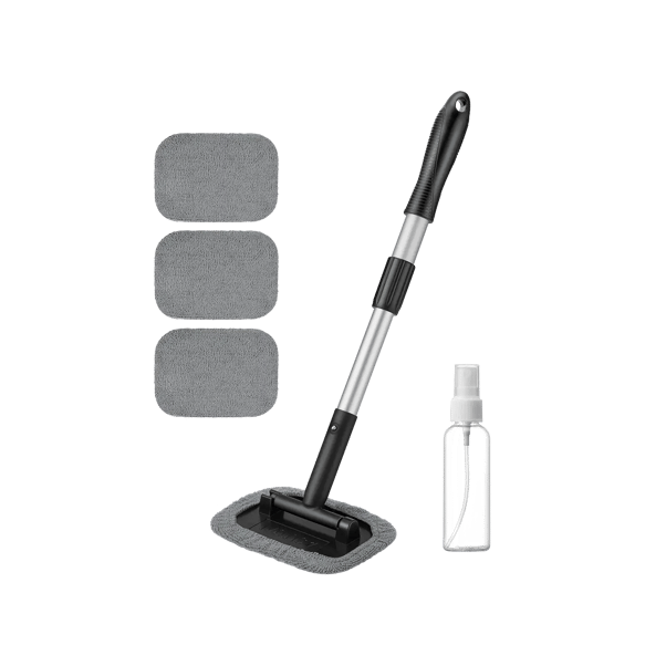 AstroAI Nettoyeur de vitres de voiture, nettoyant intérieur pour pare-brise avec poignée extensible et 4 tampons en microfibre, gris