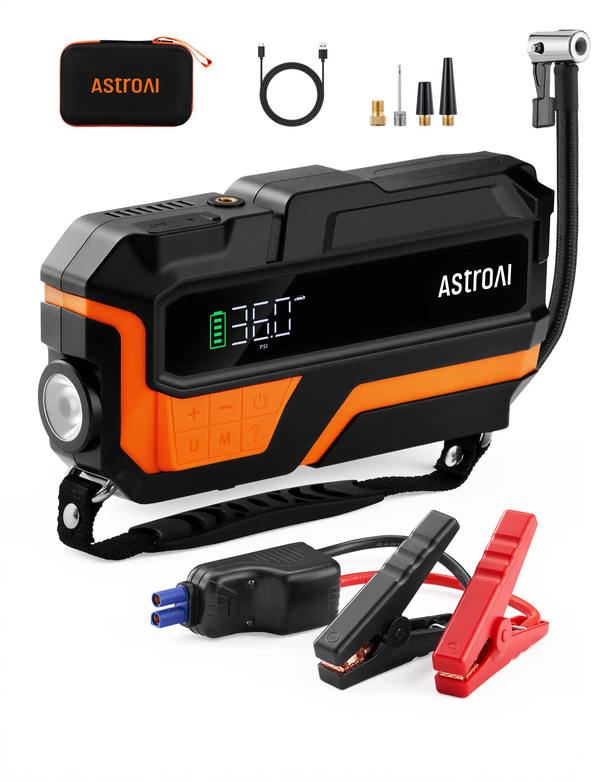 AstroAI 6000A Démarreur Voiture avec compresseur 150PSI, Démarreur de Batterie pour 10 L d'essence/8 L de Diesel, pour Voitures 12 V, Motos, SUV, Orange