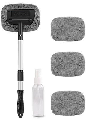AstroAI Scheibenreiniger auto, Autoscheiben Innenreiniger für Windschutzscheibe mit ausziehbarem Griff und 3 Mikrofaserpads, Grau