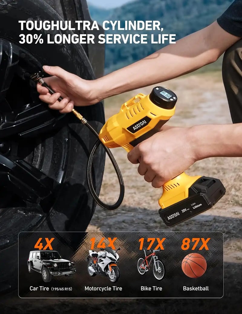 AstroAI Handheld Cordless Tire Inflator with 20V Rechargeable Battery and 12V Car Power Adapter Digital Pressure Gauge (160PSI, Yellow)