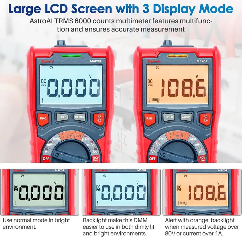AstroAI M6K0R Digital Multimeter TRMS 6000 Counts, Measuring AC/DC Voltage, Current, Capacitance, Resistance, Frequency, Temperature, Continuity Diodes with NCV