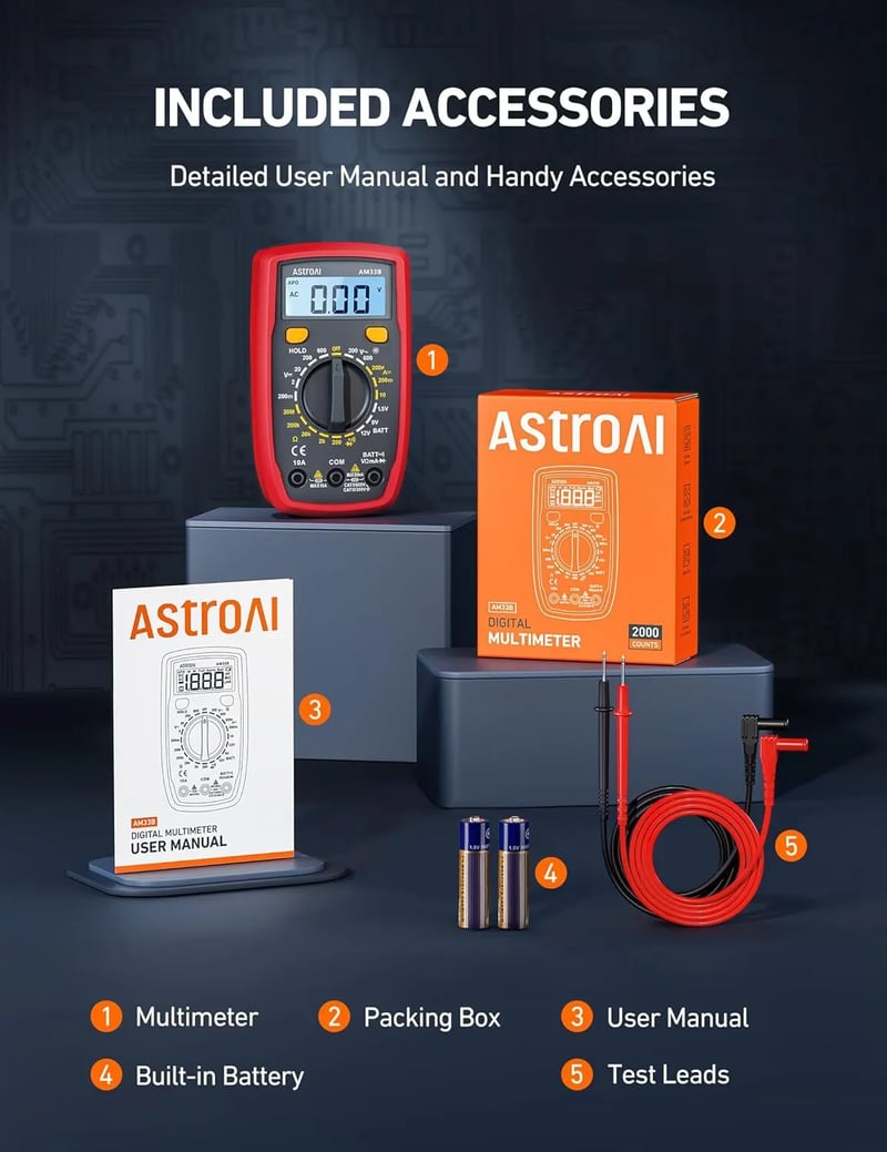 AstroAI 7 Function Digital Multimeter Tester 2000 Counts, Measures DC/AC Voltage, Current, Resistance, Continuity, Diode, and More