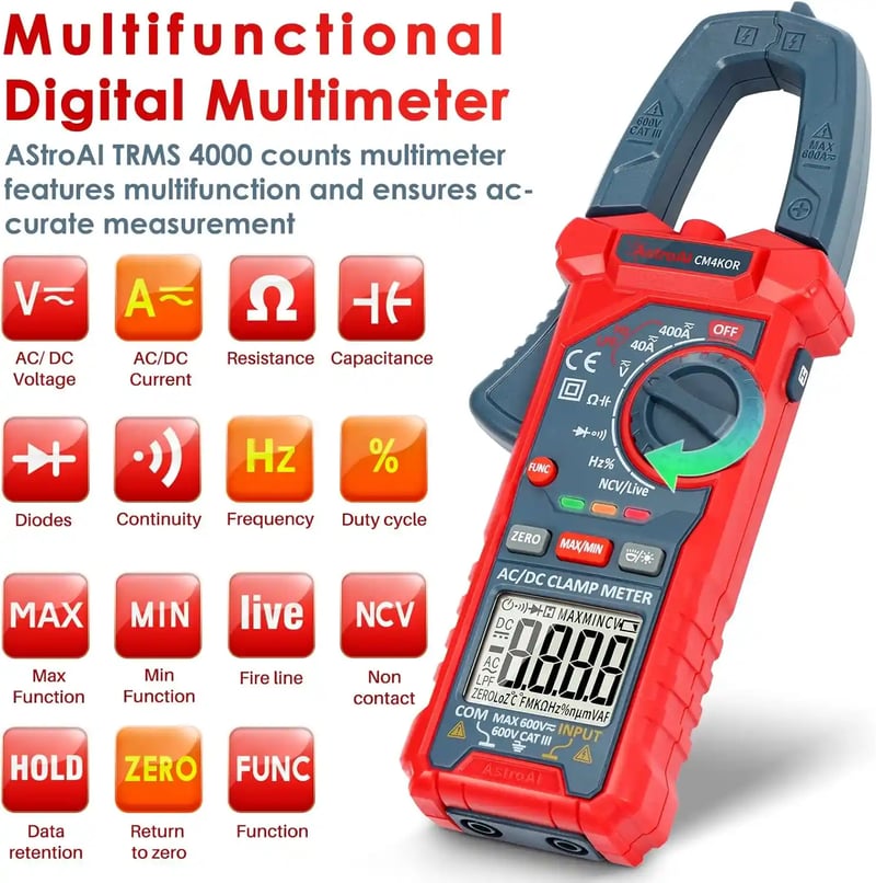 AstroAI CM4K0R Digital Clamp Meter 4000 Counts, Measuring AC/DC Voltage, Amp, Resistance, Capacitance, Frequency, Continuity, Live Wire Test, etc.
