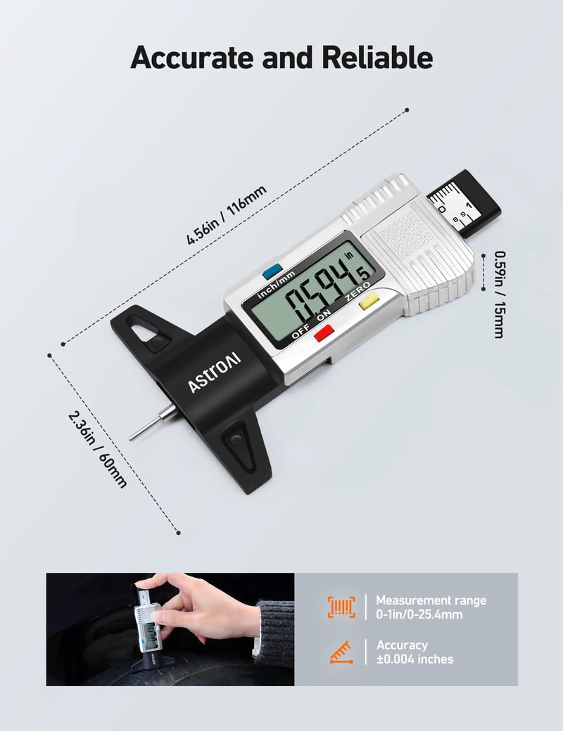 AstroAl Digital Tire Tread Depth Gaugewith Inch and Millimeter Conversion of 0-1in for Car, Truck, SUV Motorcycle and Bus