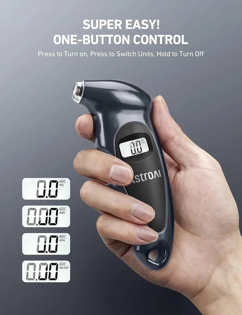 AstroAI Digital Air Pressure Gauge for Tires, Backlit LCD and Non-Slip Grip, 4 Settings Stocking Stuffers for Car/Truck/Bike, 150 PSI, Includes AAA Batteries, Gray