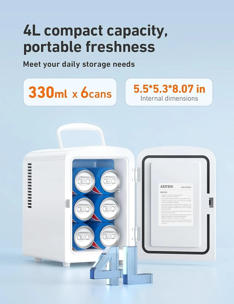 AstroAI White Mini Fridge​ for Skincare, Bedroom, Office and Car, 4 Liter/6 Can, AC/DC, ETL Listed