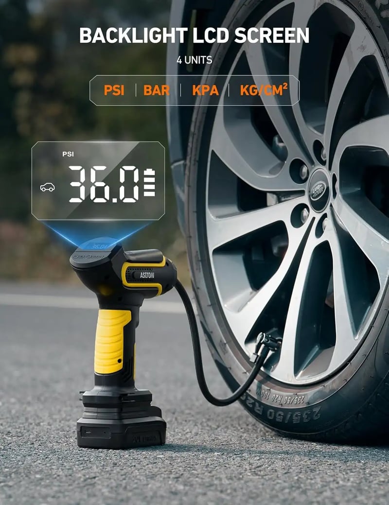 AstroAI Handheld Tire Inflator with 20V Rechargeable Battery & 12V Car Power Adapter for Cars and Motorcycles, 150 PSI, Yellow