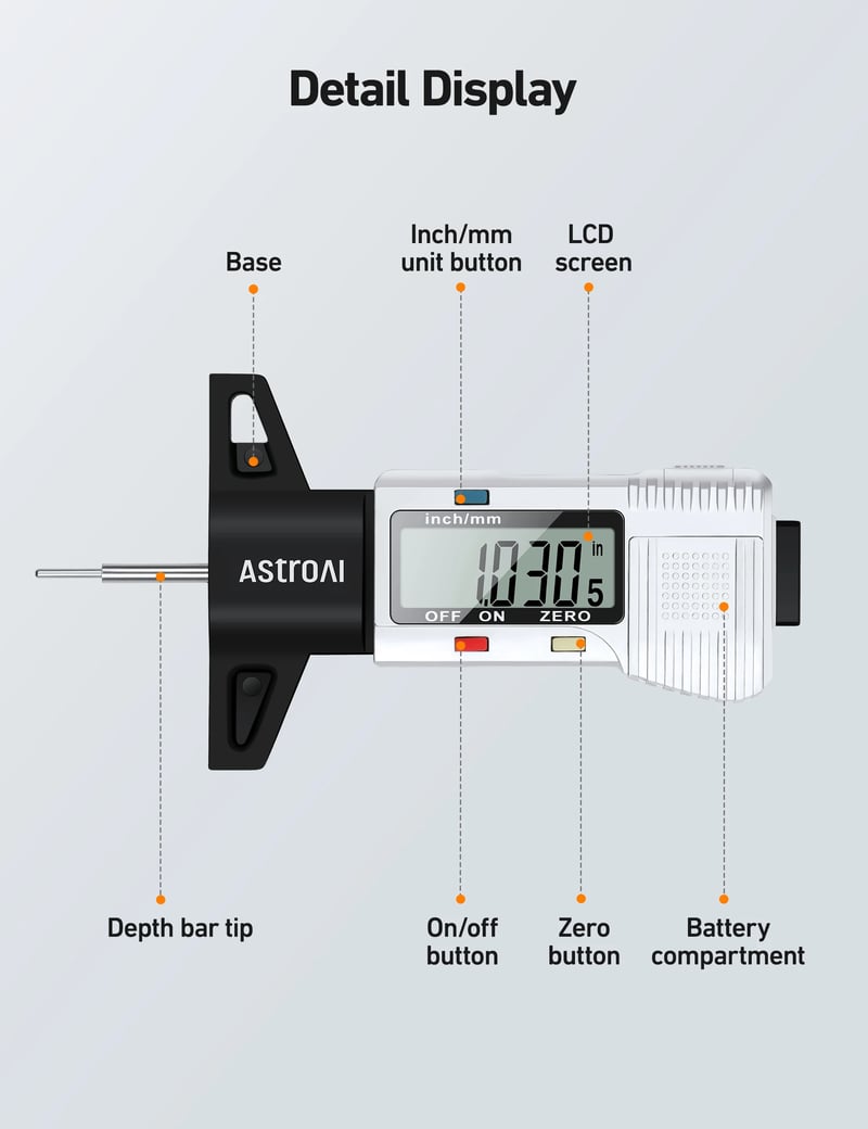 AstroAl Digital Tire Tread Depth Gaugewith Inch and Millimeter Conversion of 0-1in for Car, Truck, SUV Motorcycle and Bus