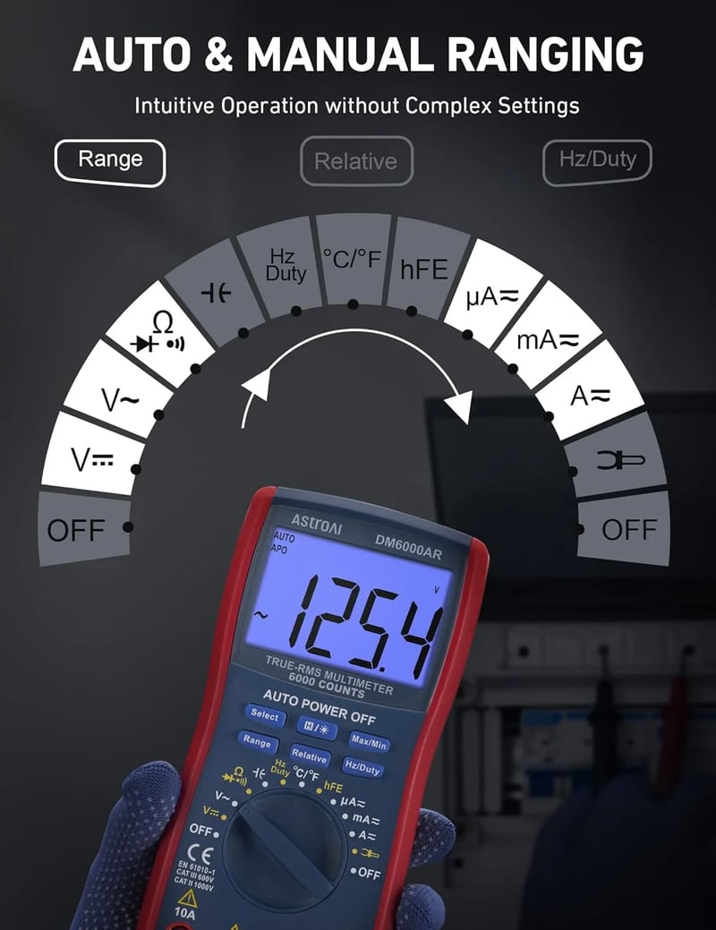 AstroAI DM6000AR Digital Multimeter 6000 Counts, Measures Voltage, Current, Resistance, Diodes, Continuity, Duty-Cycle Capacitance, Temperature, and More