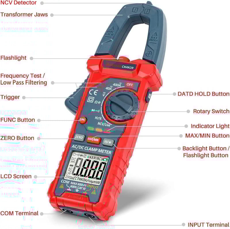 AstroAI CM4K0R Digital Clamp Meter 4000 Counts, Measuring AC/DC Voltage, Amp, Resistance, Capacitance, Frequency, Continuity, Live Wire Test, etc.