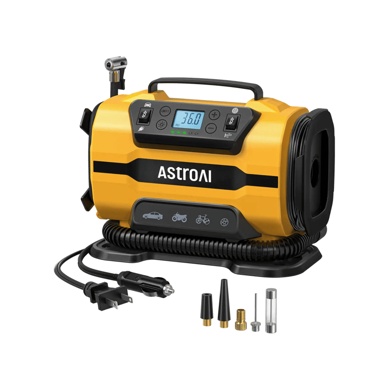 AstroAI Digital Tire Inflator for Car and Bikes, 12V DC/110V AC with Dual Metal Motors & LED Light, Two Modes for Car, Bicycle Tires, and Air Mattresses, Yellow