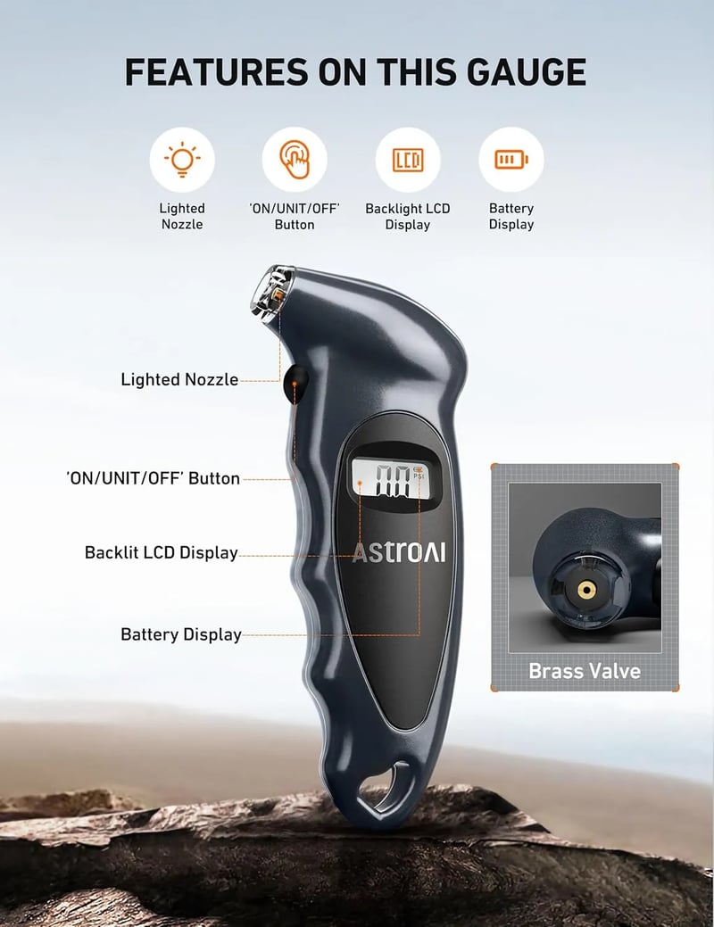 AstroAI Digital Air Pressure Gauge for Tires, Backlit LCD and Non-Slip Grip, 4 Settings Stocking Stuffers for Car/Truck/Bike, 150 PSI, Includes AAA Batteries, Gray