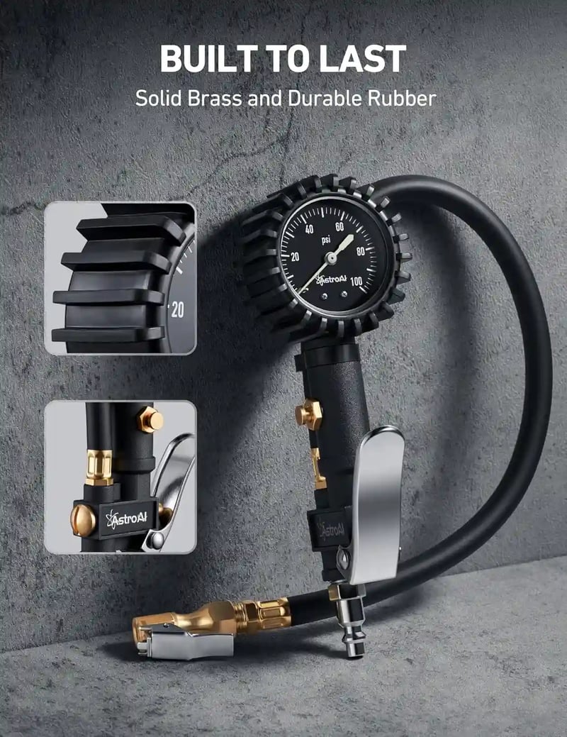 AstroAI Glow Dial Tire Inflator with Pressure Gauge 100 PSI with Large 2" Easy Read Glow Dial, Air Chuck, Quick Connect Coupler and Rubber Hose Compressor Accessories