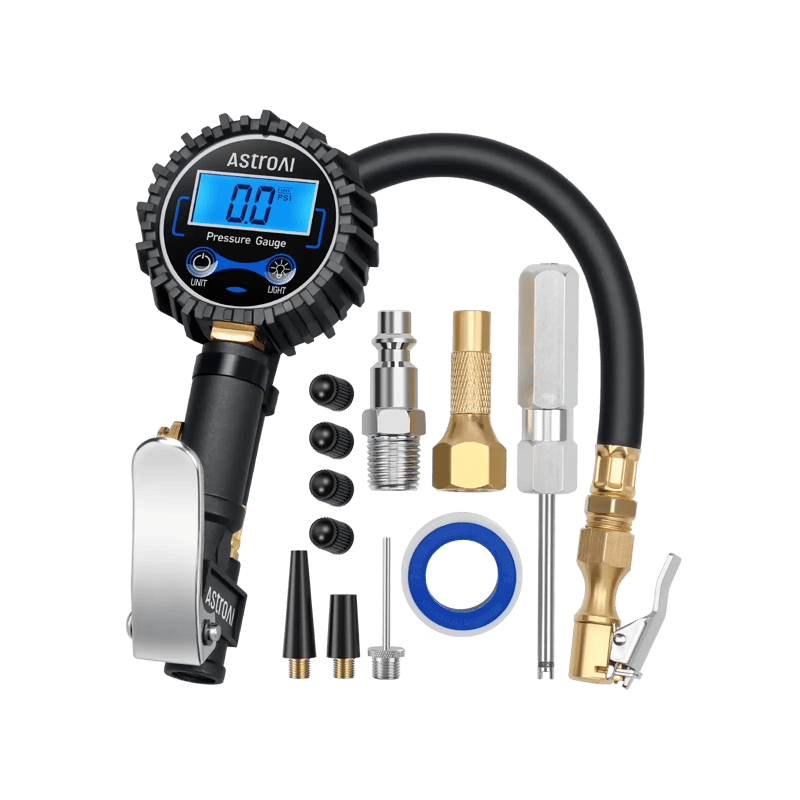 AstroAI Digital Tire Pressure Gauge with Inflator, Heavy Duty Air Chuck, Rubber Hose and Quick Connect Coupler, ​250 PSI, Model ATG250, Blue