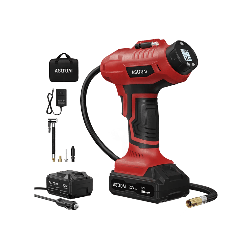 AstroAI 20V Rechargeable Battery Powered High-Speed Air Compressors​ with 12V Car Power Adapter for Cars, Red