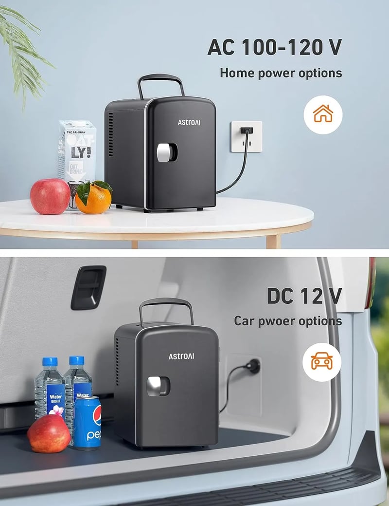 AstroAI Black Mini Fridge for Outdoors, Rooms, Office, Skincare, Beverage, 4 Liter/6 Can, AC/DC