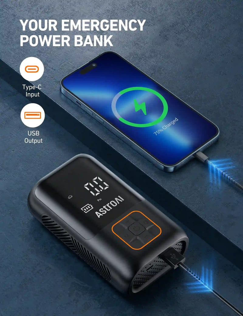 AstroAI L3 Auto Air Pump with Battery Powed Power Bank & Digital Screen for Car Tires, Motorcycles, Bikes, and Balls, 150 PSI