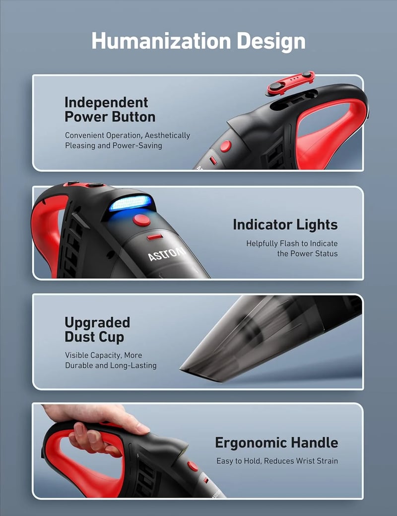 AstroAI Car Vacuum, Portable Handheld Vacuum Cleaner with 12V DC Power, LED Light and 16.4 Ft Cigarette Lighter Cord, Car Cleaning Kit with 3 Filters for Quick Cleaning