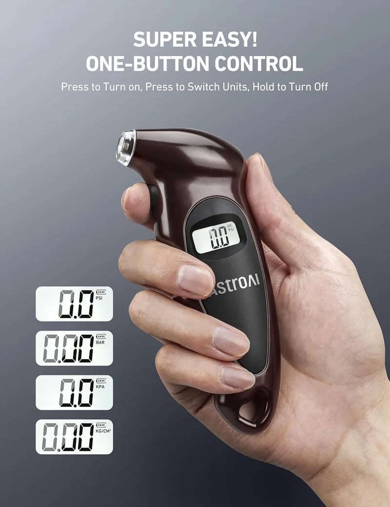 AstroAI Digital Tire Pressure Gauge with Replaceable AAA Battery & Backlit LCD & Non-Slip Grip, 4 Settings Stocking Stuffers for Car/Truck/Bicycle, 150 PSI, Brown