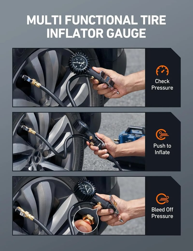 AstroAI Glow Dial Tire Inflator with Pressure Gauge 100 PSI with Large 2" Easy Read Glow Dial, Air Chuck, Quick Connect Coupler and Rubber Hose Compressor Accessories