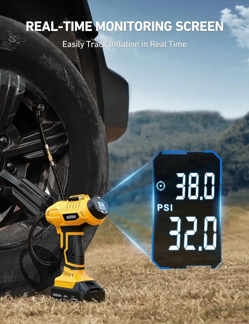 AstroAI Handheld Cordless Tire Inflator with 20V Rechargeable Battery and 12V Car Power Adapter Digital Pressure Gauge (160PSI, Yellow)