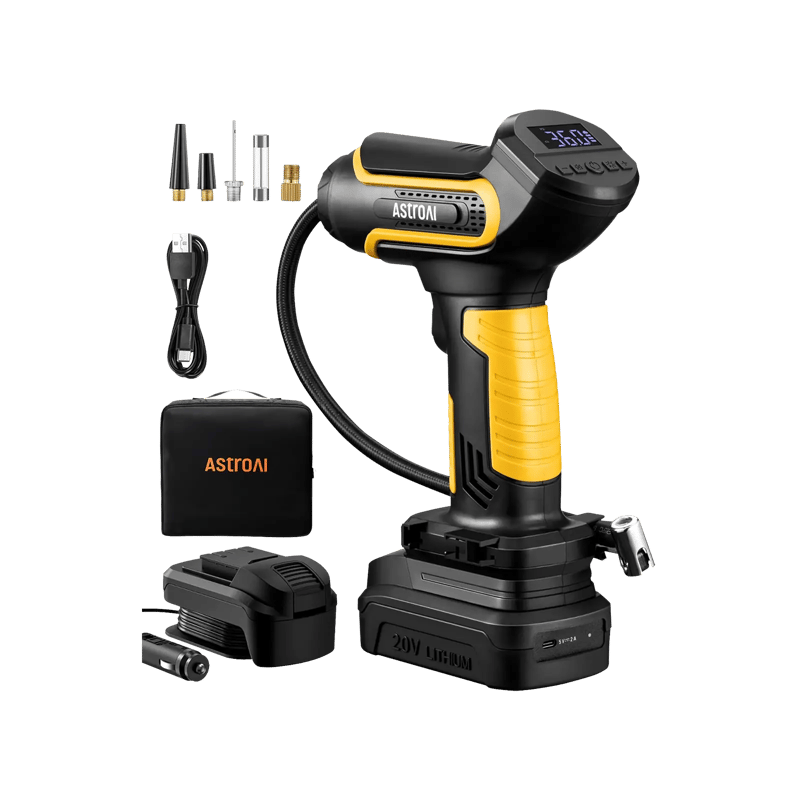AstroAI Handheld Tire Inflator with 20V Rechargeable Battery & 12V Car Power Adapter for Cars and Motorcycles, 150 PSI, Yellow