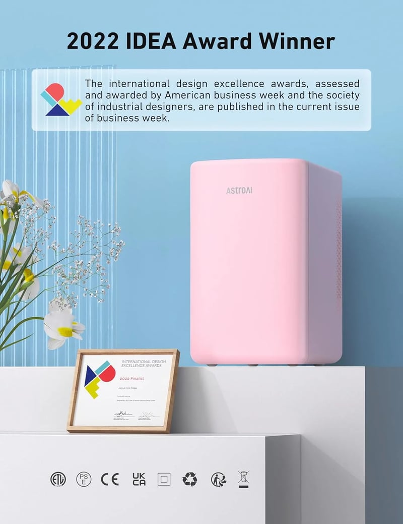 AstroAI Cute Mini Fridge Pink for Skincare, Dorm, Bedroom, Office, 6 Liter/8 Cans, 110V AC/ 12V DC, LY2206A