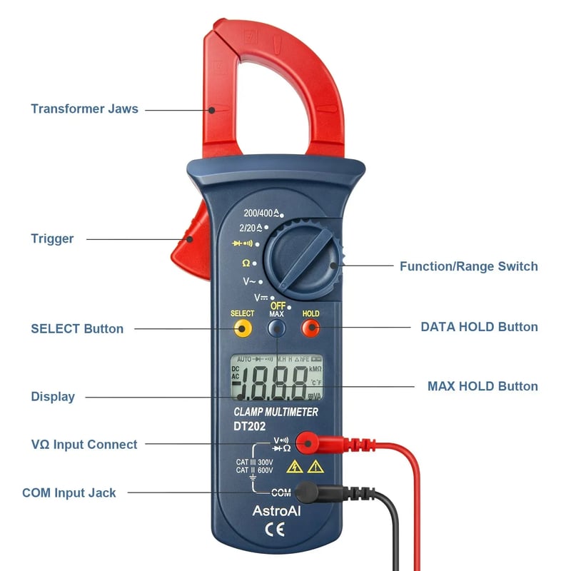 AstroAI Digital Clamp Meter 2000 Counts with Auto Ranging, Measures DC/AC Voltage, Amp, Current, Resistance, Continuity, Tests Diodes, Model DT202