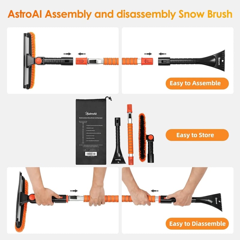 AstroAI 47.2 Inch Ice Scraper Extendable Car Snow Brush,Orange with 270 degree Pivoting Brush Head