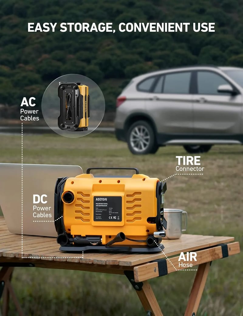 AstroAI Digital Tire Inflator for Car and Bikes, 12V DC/110V AC with Dual Metal Motors & LED Light, Two Modes for Car, Bicycle Tires, and Air Mattresses, Yellow