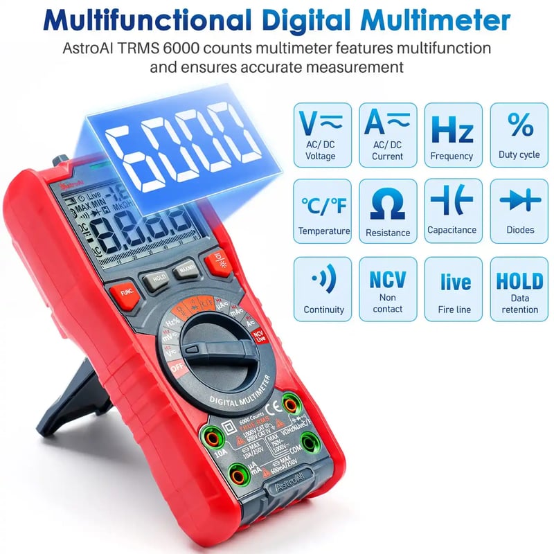 AstroAI M6K0R Digital Multimeter TRMS 6000 Counts, Measuring AC/DC Voltage, Current, Capacitance, Resistance, Frequency, Temperature, Continuity Diodes with NCV