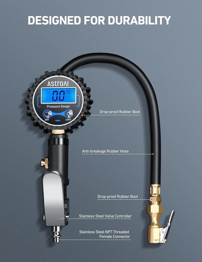 AstroAI Digital Tire Pressure Gauge with Inflator, Heavy Duty Air Chuck, Rubber Hose and Quick Connect Coupler, ​250 PSI, Model ATG250, Blue
