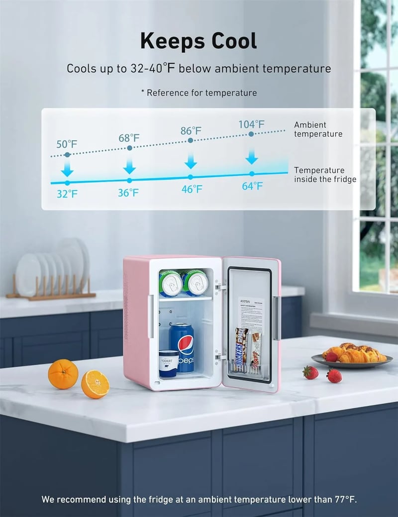 AstroAI Cute Mini Fridge Pink for Skincare, Dorm, Bedroom, Office, 6 Liter/8 Cans, 110V AC/ 12V DC, LY2206A