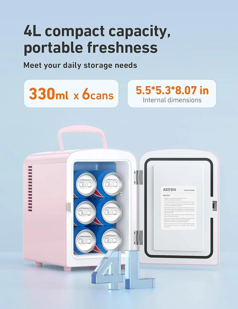 AstroAI Pink Mini Fridge for Skincare, Beverage, Food, Home, Office and Car, 4 Liter/6 Can, AC/DC, ETL Listed