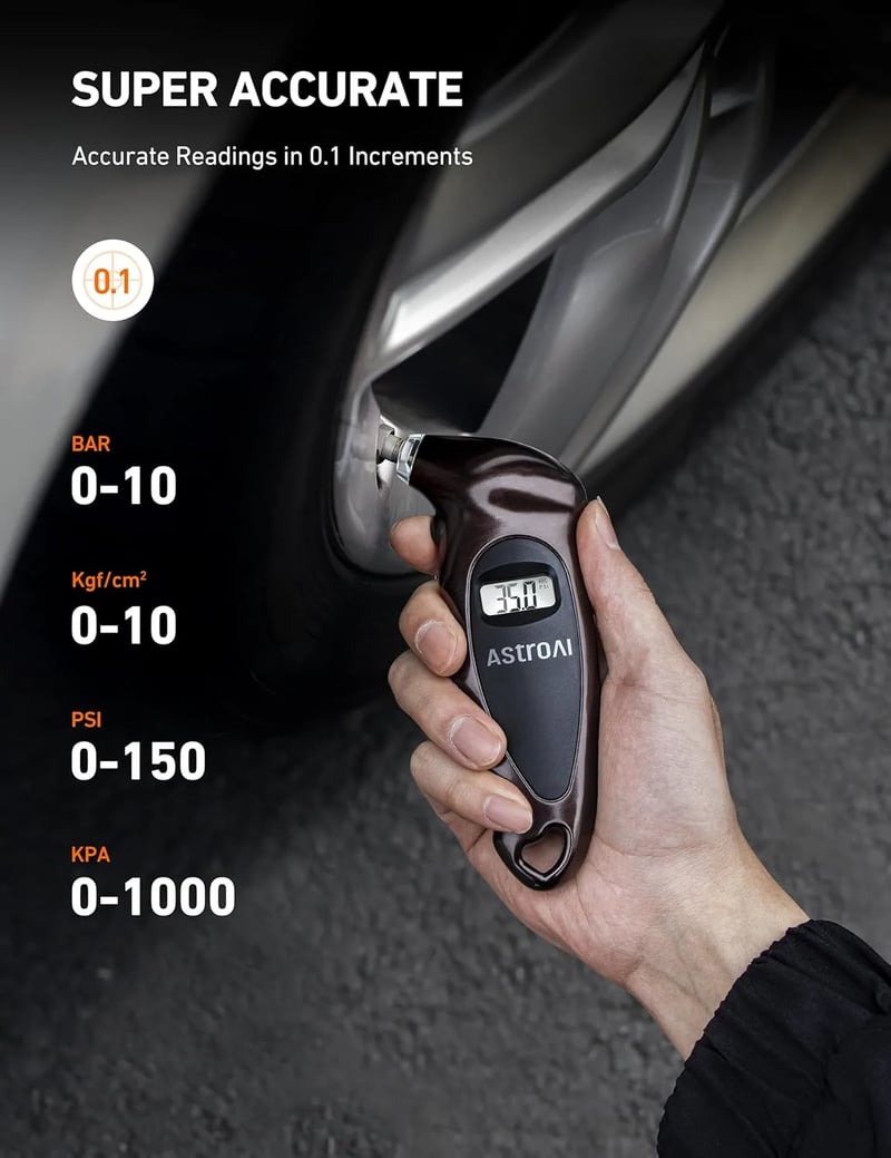 AstroAI Digital Tire Pressure Gauge with Replaceable AAA Battery & Backlit LCD & Non-Slip Grip, 4 Settings Stocking Stuffers for Car/Truck/Bicycle, 150 PSI, Brown