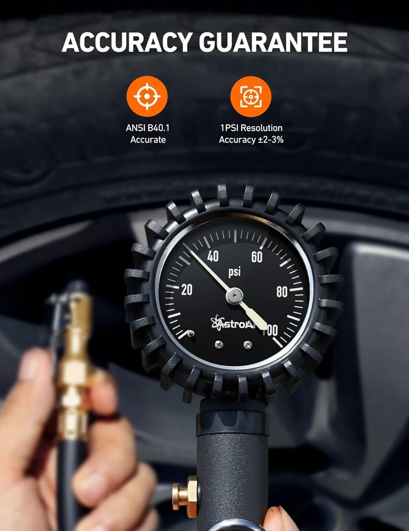 AstroAI Glow Dial Tire Inflator with Pressure Gauge 100 PSI with Large 2" Easy Read Glow Dial, Air Chuck, Quick Connect Coupler and Rubber Hose Compressor Accessories