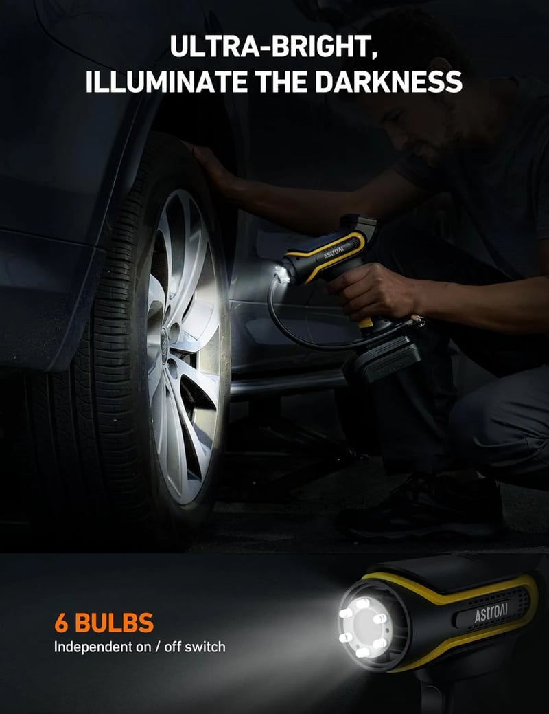 AstroAI Handheld Tire Inflator with 20V Rechargeable Battery & 12V Car Power Adapter for Cars and Motorcycles, 150 PSI, Yellow