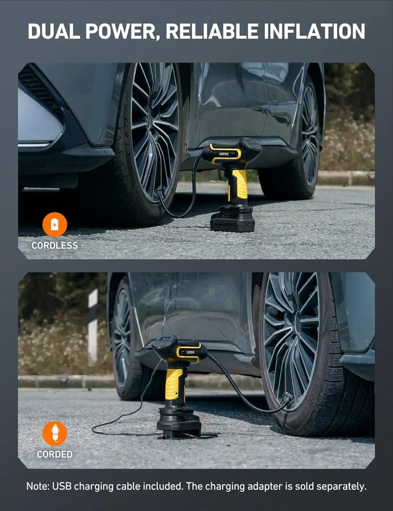 AstroAI Handheld Tire Inflator with 20V Rechargeable Battery & 12V Car Power Adapter for Cars and Motorcycles, 150 PSI, Yellow
