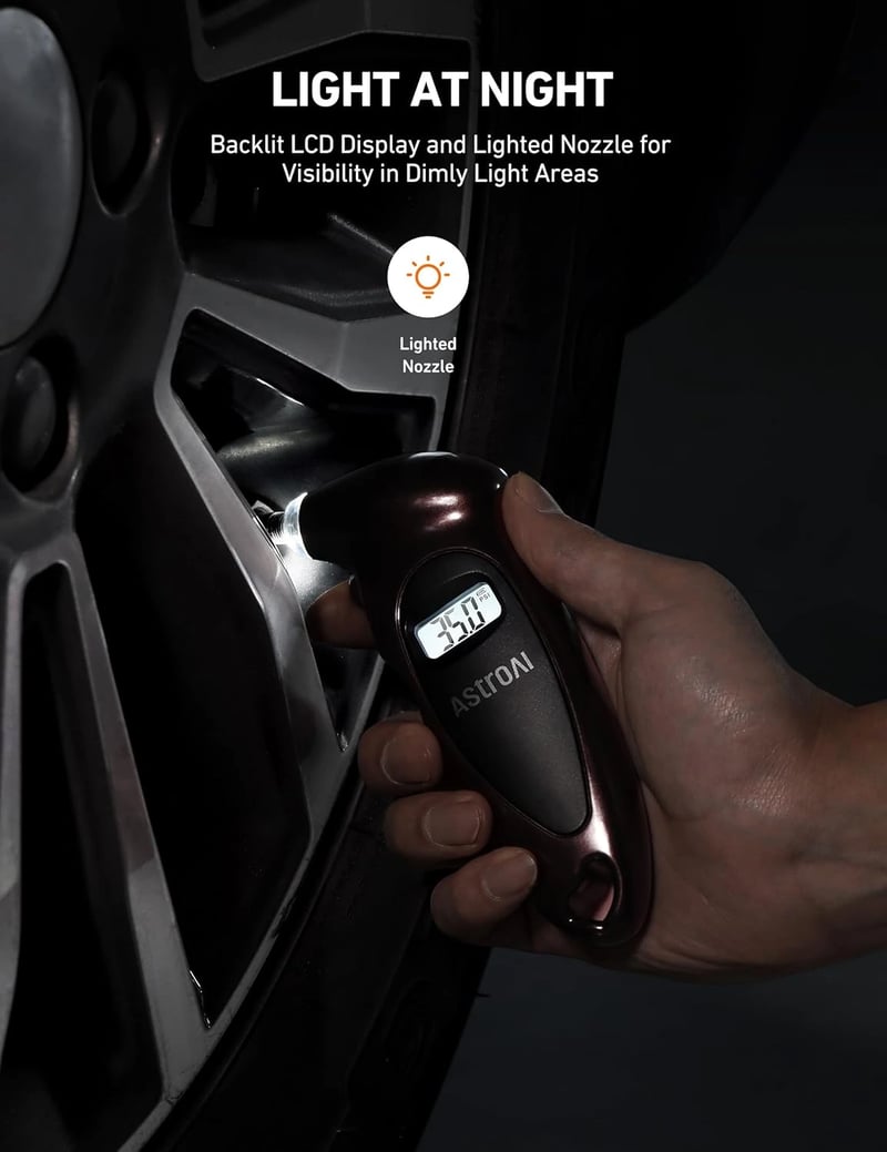 AstroAI Digital Tire Pressure Gauge with Replaceable AAA Battery & Backlit LCD & Non-Slip Grip, 4 Settings Stocking Stuffers for Car/Truck/Bicycle, 150 PSI, Brown