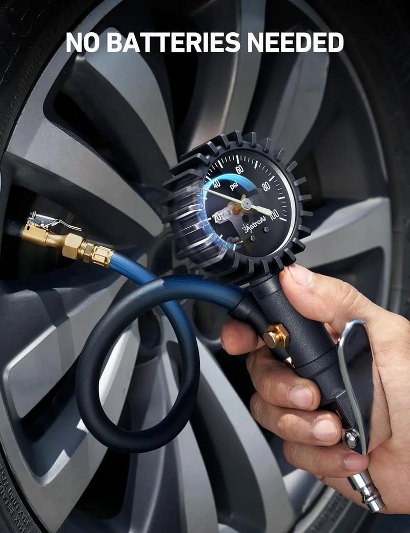 AstroAI Glow Dial Tire Inflator with Pressure Gauge 100 PSI with Large 2" Easy Read Glow Dial, Air Chuck, Quick Connect Coupler and Rubber Hose Compressor Accessories