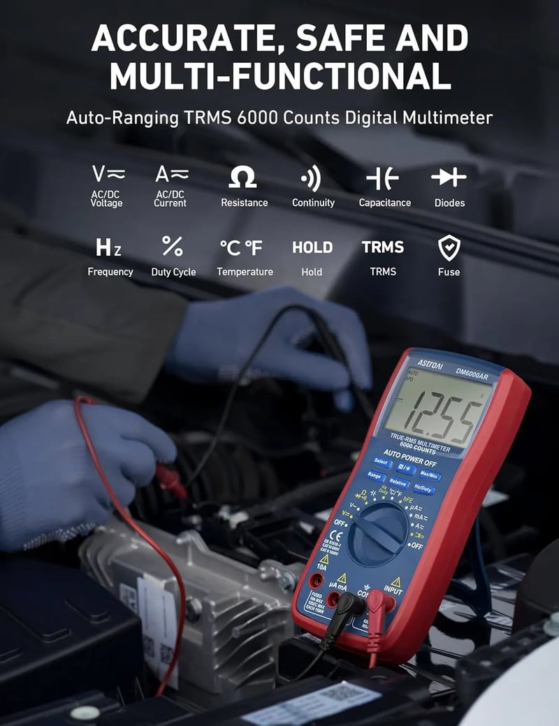 AstroAI DM6000AR Digital Multimeter 6000 Counts, Measures Voltage, Current, Resistance, Diodes, Continuity, Duty-Cycle Capacitance, Temperature, and More