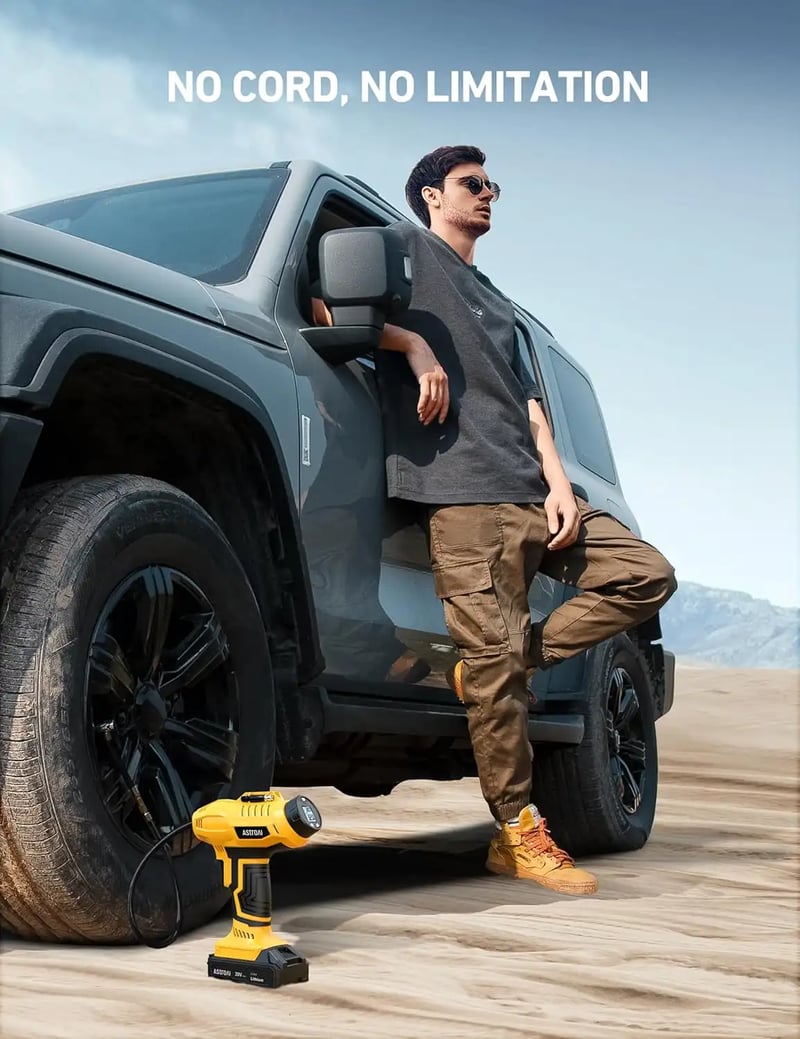 AstroAI Handheld Cordless Tire Inflator with 20V Rechargeable Battery and 12V Car Power Adapter Digital Pressure Gauge (160PSI, Yellow)