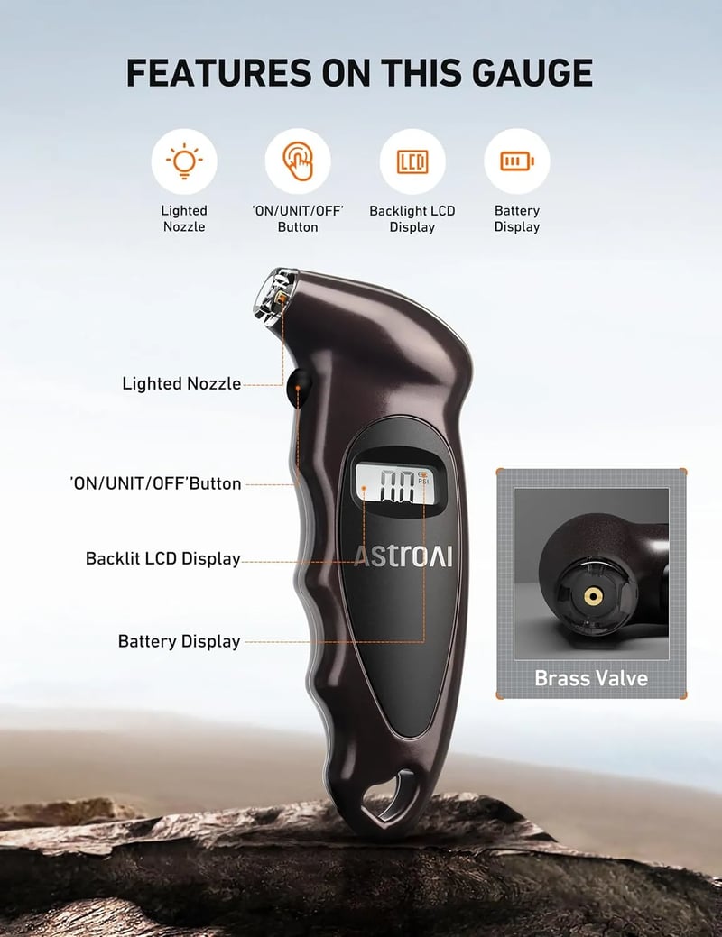 AstroAI Digital Tire Pressure Gauge with Replaceable AAA Battery & Backlit LCD & Non-Slip Grip, 4 Settings Stocking Stuffers for Car/Truck/Bicycle, 150 PSI, Brown
